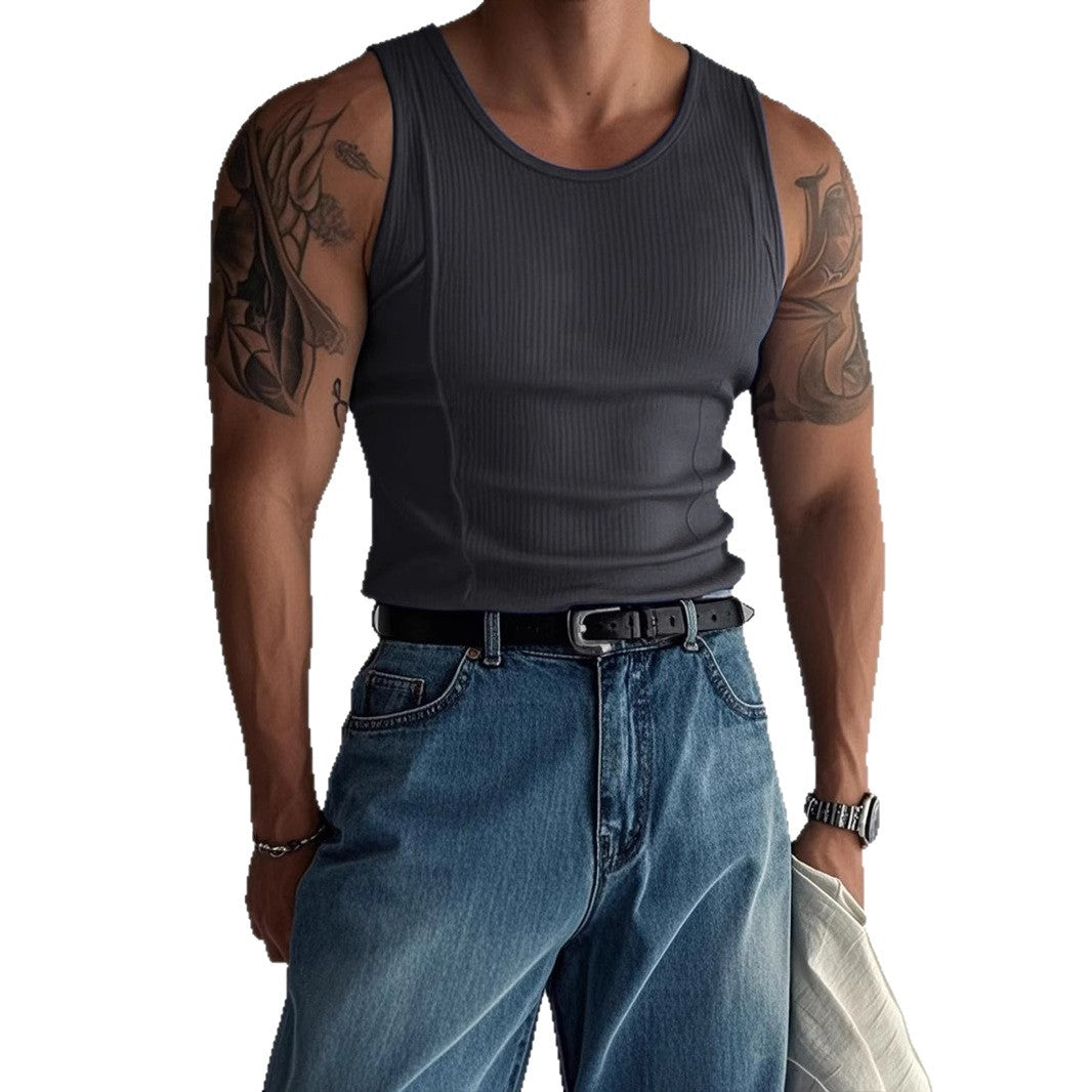 Hommes tricoté verticale-Stripe fitness Sports Casual Tank Top
