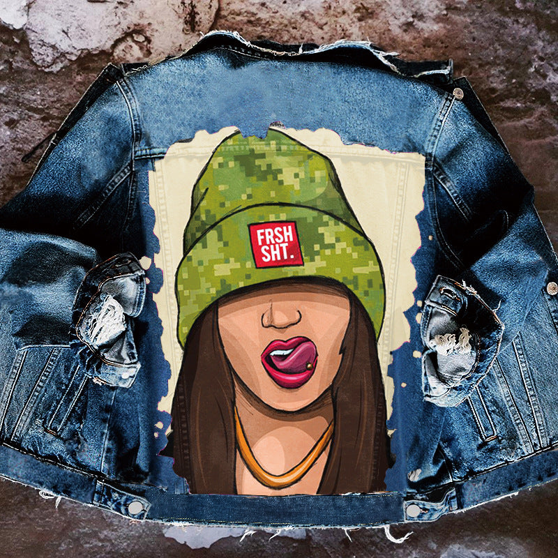 Veste denim fille à chapeau vert pour femmes
