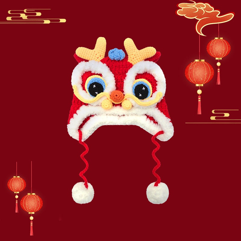 Dragon Année Chapeau rouge chinois tricoté Tigre Tête Chapeau bébé chinois Année célébration Joyous Xi