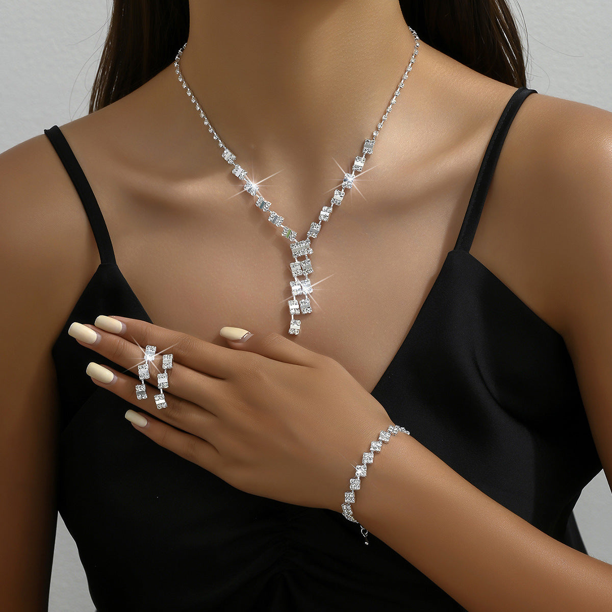Ensemble de bijoux femmes Baguette Square Y-Drop CZ 3Pcs