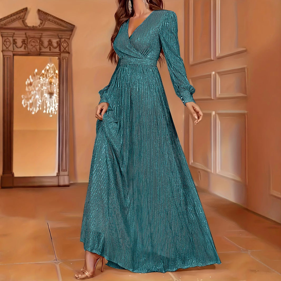 Élégant dîner à manches longues à paillettes Col V Robe de soirée haute taille