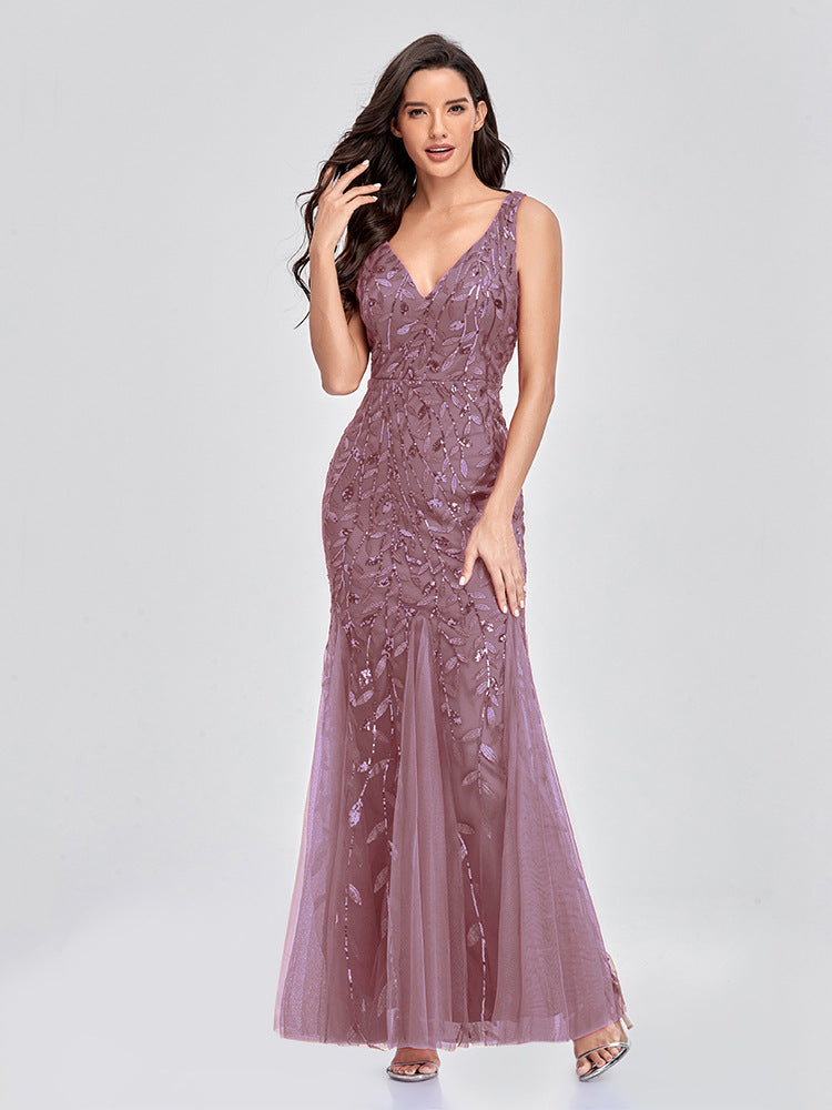Robe de soirée européenne et américaine Col V Tulle Brodé Paillettes Sexy Sirène Prom Dre