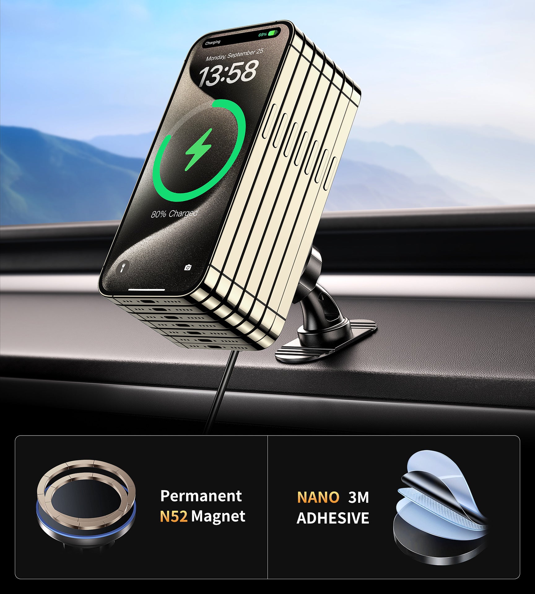 15W Magnetic Mobile Phone Wireless Fast Charge Car Navigation Holder
