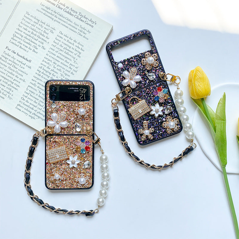 Femelle Fleur Sequin Strass Pearl Écran pliable Flip Case téléphone