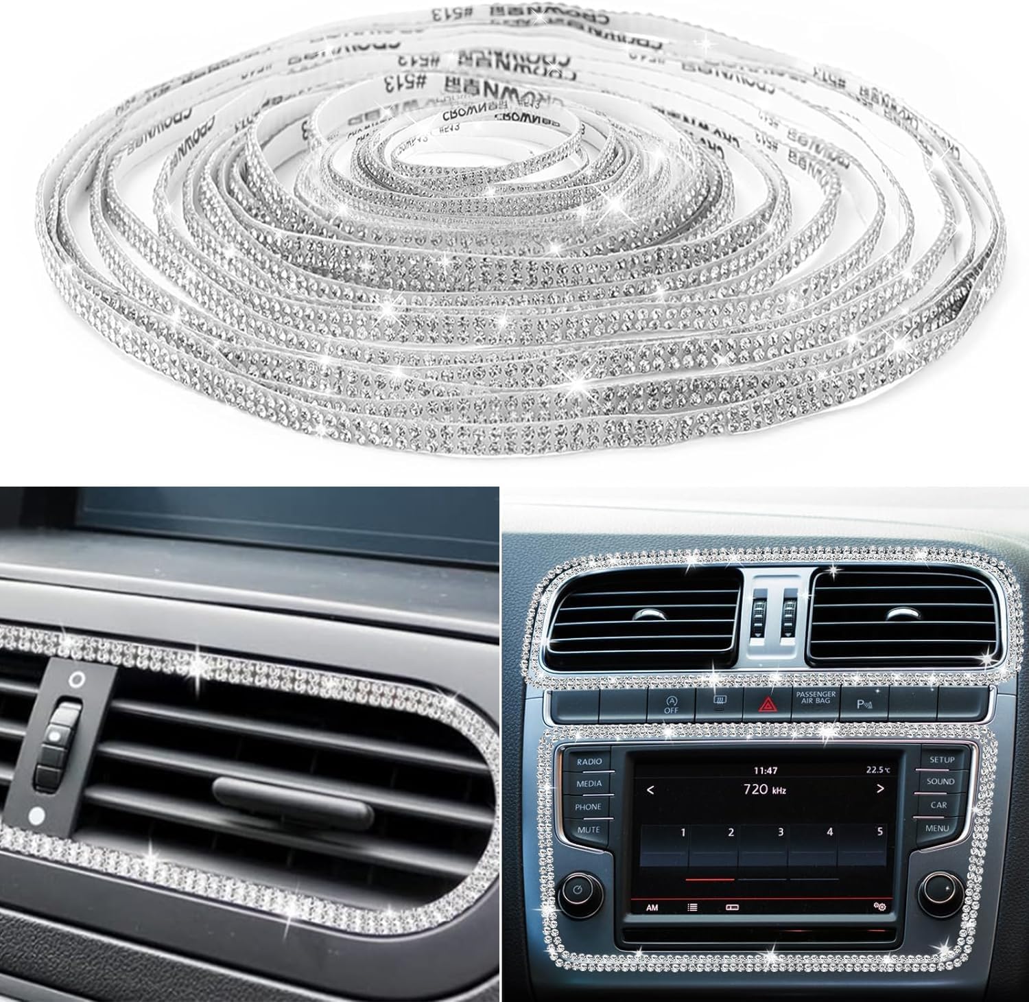 Kit d'intérieur de voiture 2 pièces avec Stickers Filet de Strass Shiny Et 1 pièce Bling Se