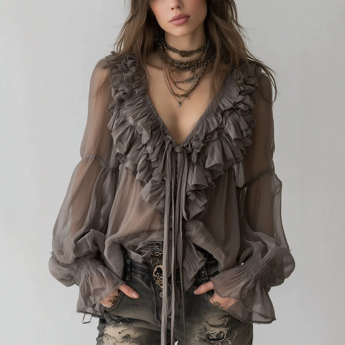 Blouse en dentelle à manches longues à col V gris-Brown pour femmes