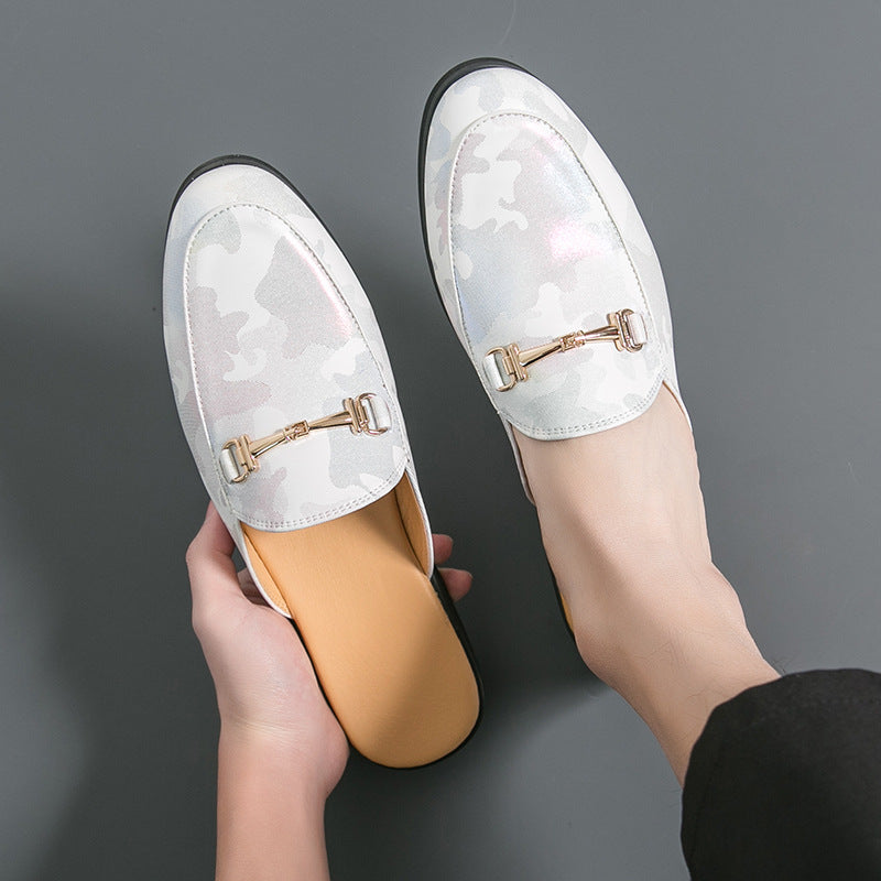 Style Fermé orteil demi-dépliant-Flops Hommes Couleur métallique Sandales en cuir coupées en V peu profond