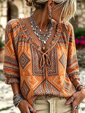 T-shirt V-Neck à manches rayées imprimé pour femmes