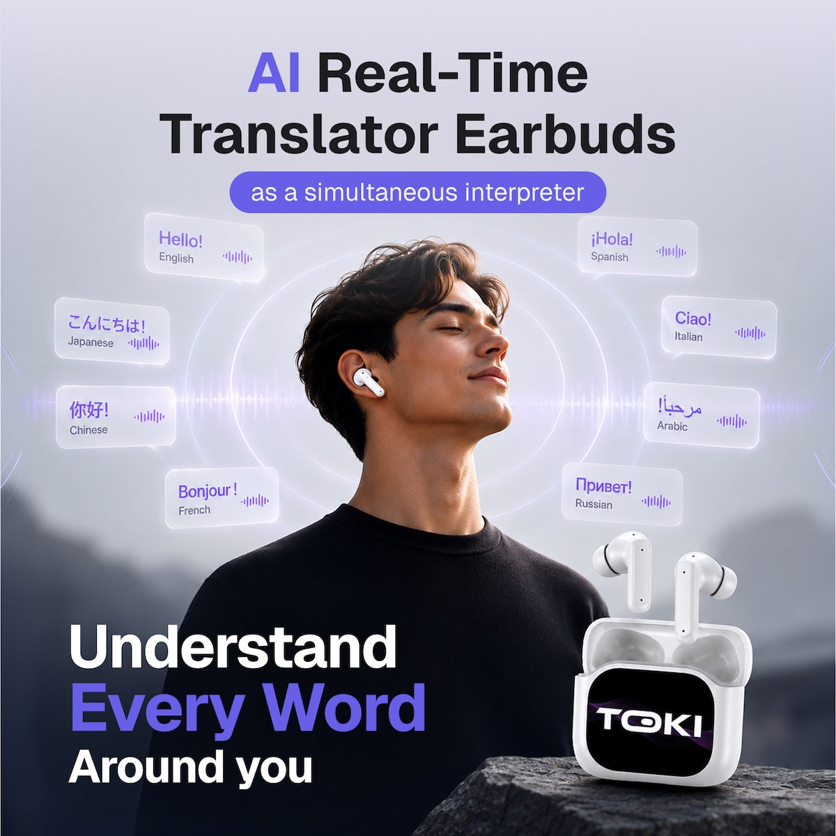 Ecouteurs de traduction AI Toki Pro-5 avec boîtier de recharge à écran LCD intelligent