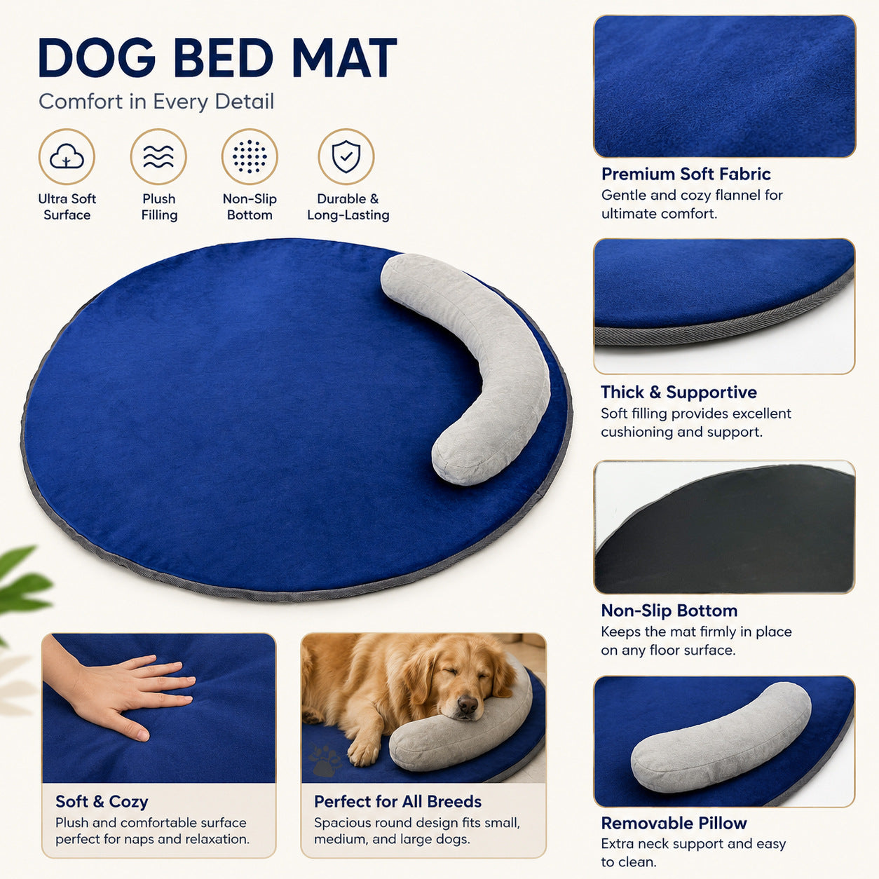Matelas rond pour chien de chien doux et confortable Détachable Mobile Oreiller Dirt Resist