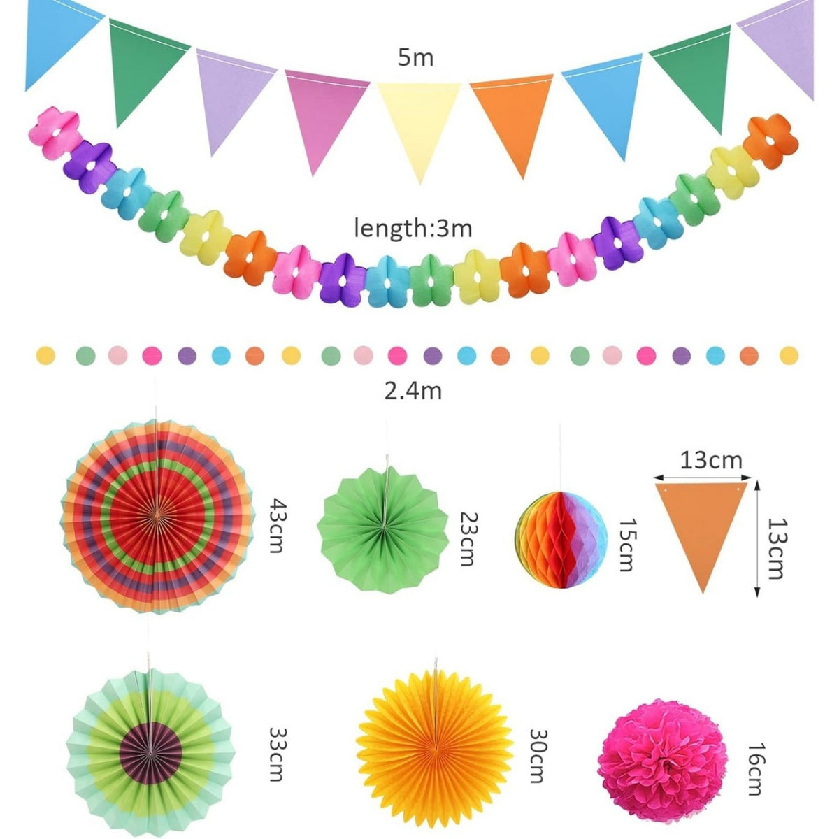 Set de 21 pièces de décorations Diwali: papier tissu multicolore Pom-Pom