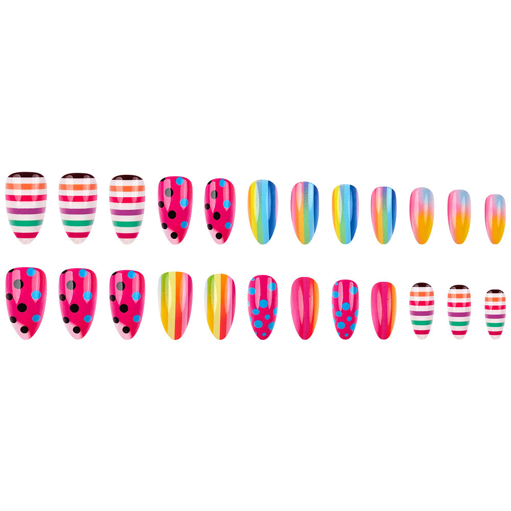 Stickers 24 Pièces de Short Almond en forme de Nail Acrylique avec des rayures de couleur arc-en-ciel et Pr