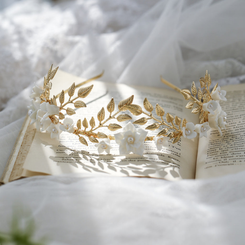 Bande de cheveux Gold Leaf Silver Leaf White Flower Accessoires de cheveux en céramique