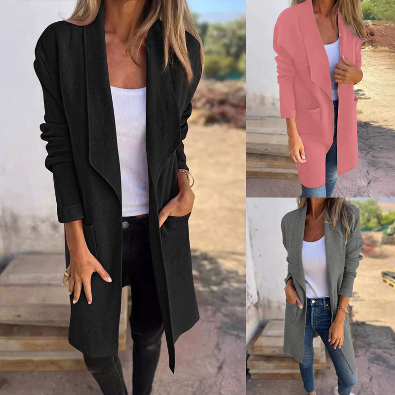 Femmes Waterfall Lapel Ouvert Avant Coat Longue Manche Loose Mid Longueur Veste Casual Outerwear