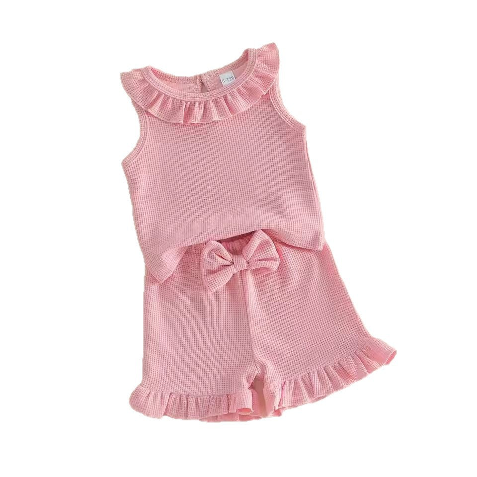 Sleeveless Ruffled Collar Top and Solid Color Shorts Set