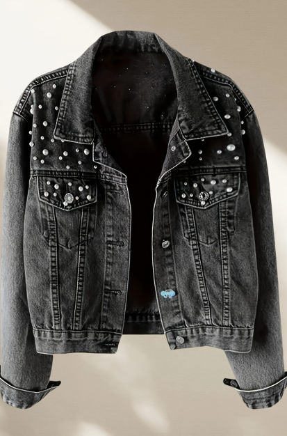 Femmes Perle Studded Denim Veste noir lavé embelli Jean Veste Mode Streetwear O