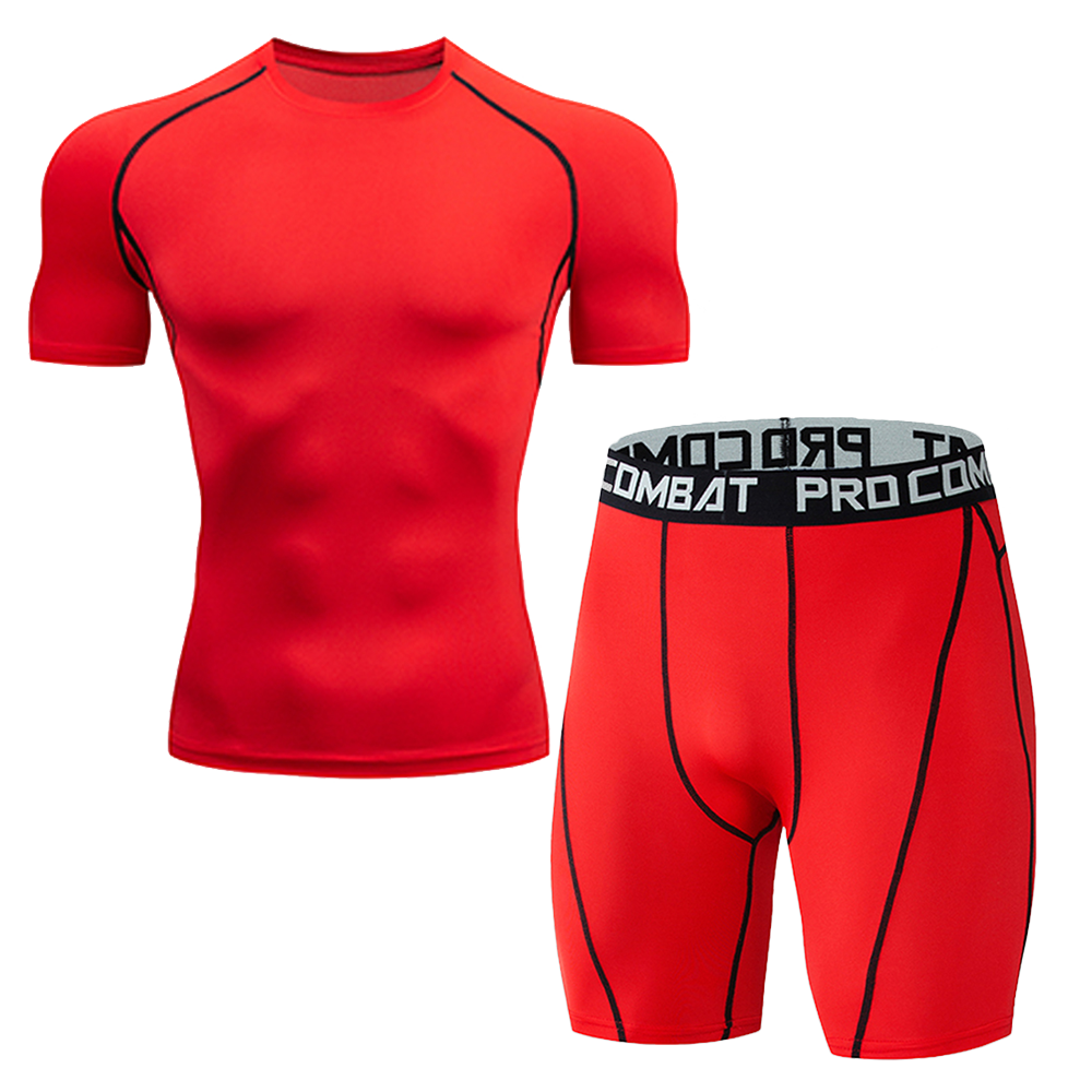 Hommes Quick Dry Compression costume 2 pièces Athletic Short Sleeve Tight Chemise Elastic Waist Sp