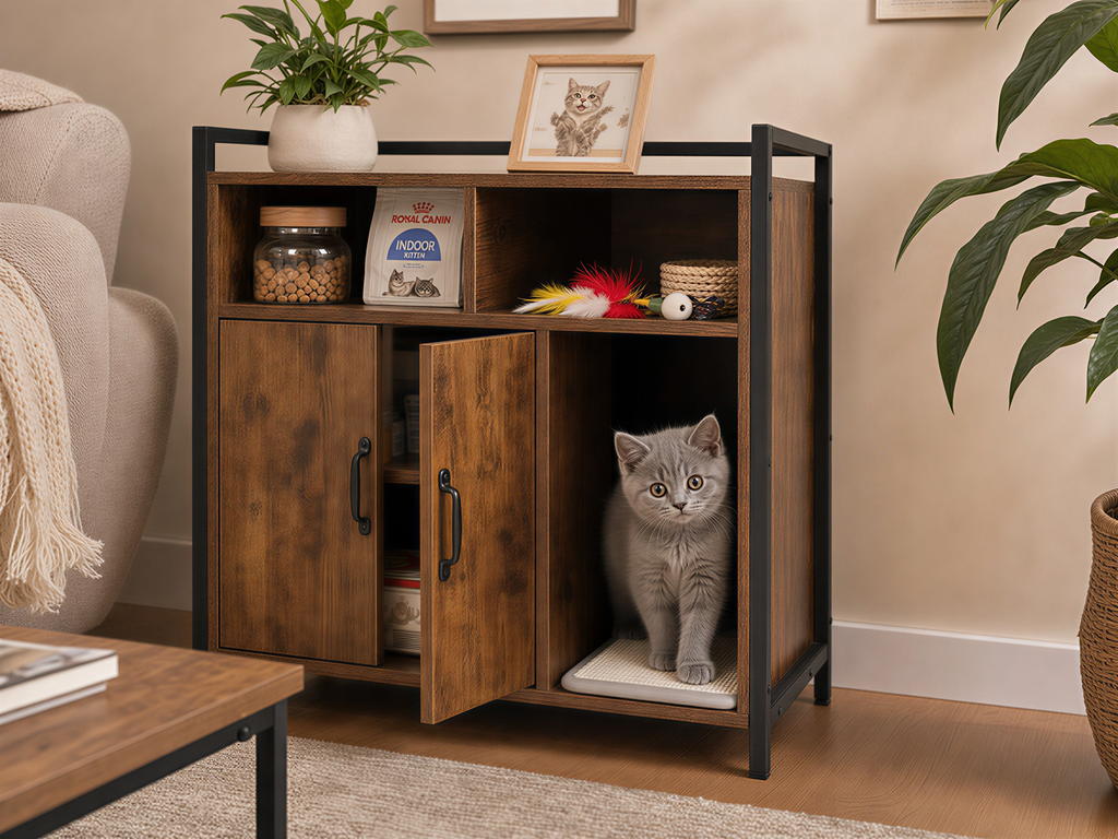 Boîte à litière en bois de chat brun rustique