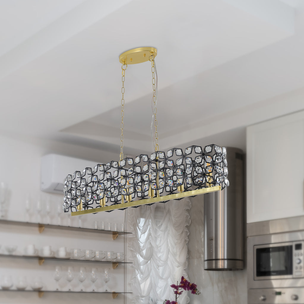 Lustre de 39" en cristal contemporain et pendentif en or noir – Fixation de lumière moderne géométrique