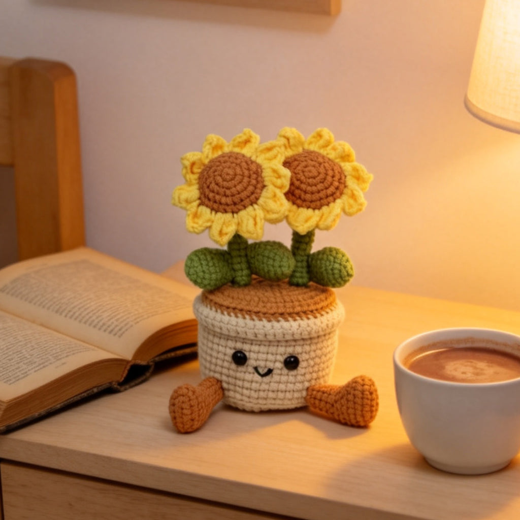 Crochet fait à la main double fleur de soleil Pot ornement doux fil éternelle Crochet Blooms Avec F