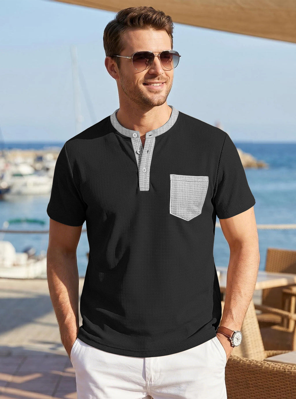 Hommes Waffle Knit Henley T-shirt avec la couleur contrastante Pocket Plus Taille Casual Respirant Shor