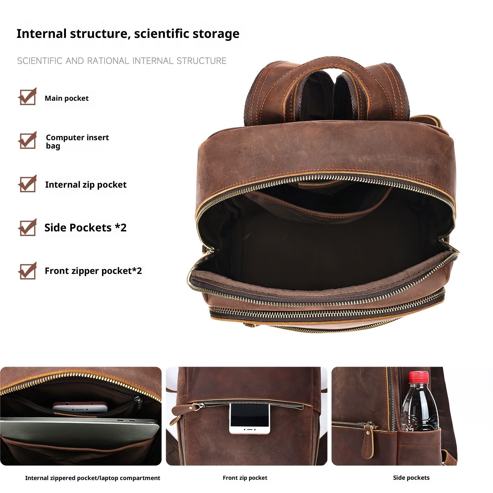 Sac à dos en cuir de grande capacité pour hommes