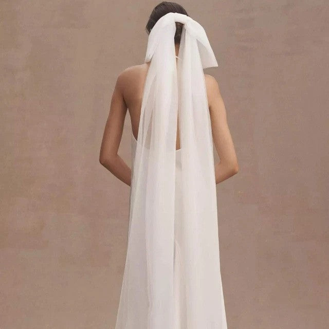 Minimaliste Blanc Double couche Tulle Veil nuptial avec une Bow