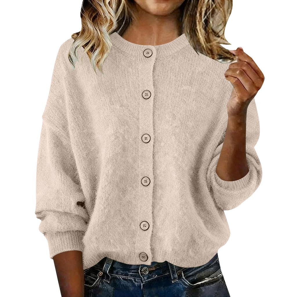 European and American Autumn and Winter Women's Knitted Round Neck Solid Color Long-Sleeved