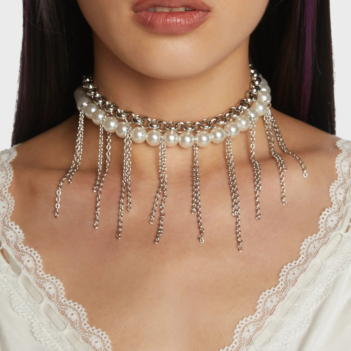 Pearl Tassel Fun Design Double couche Collier rétro Accessoires pour femmes