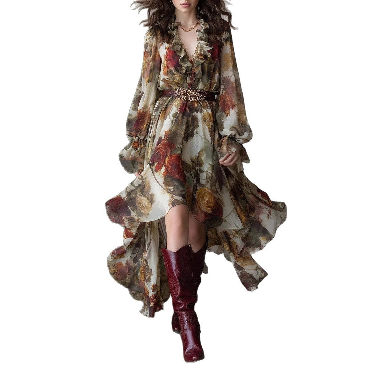 Robe asymétrique à manches longues à col V volant imprimé