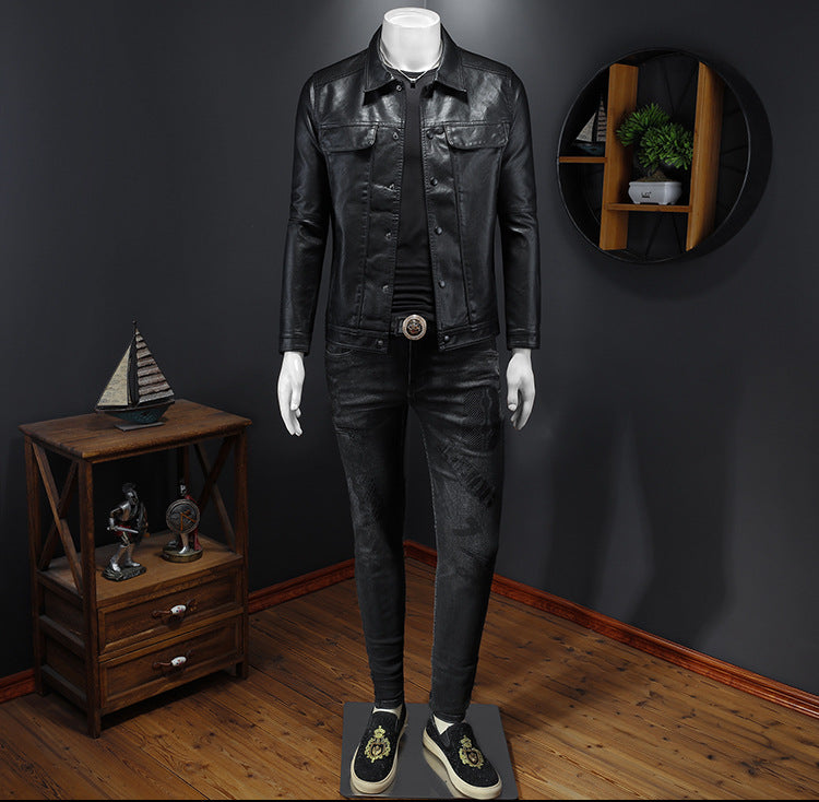 Manteau en cuir à manches longues pour homme