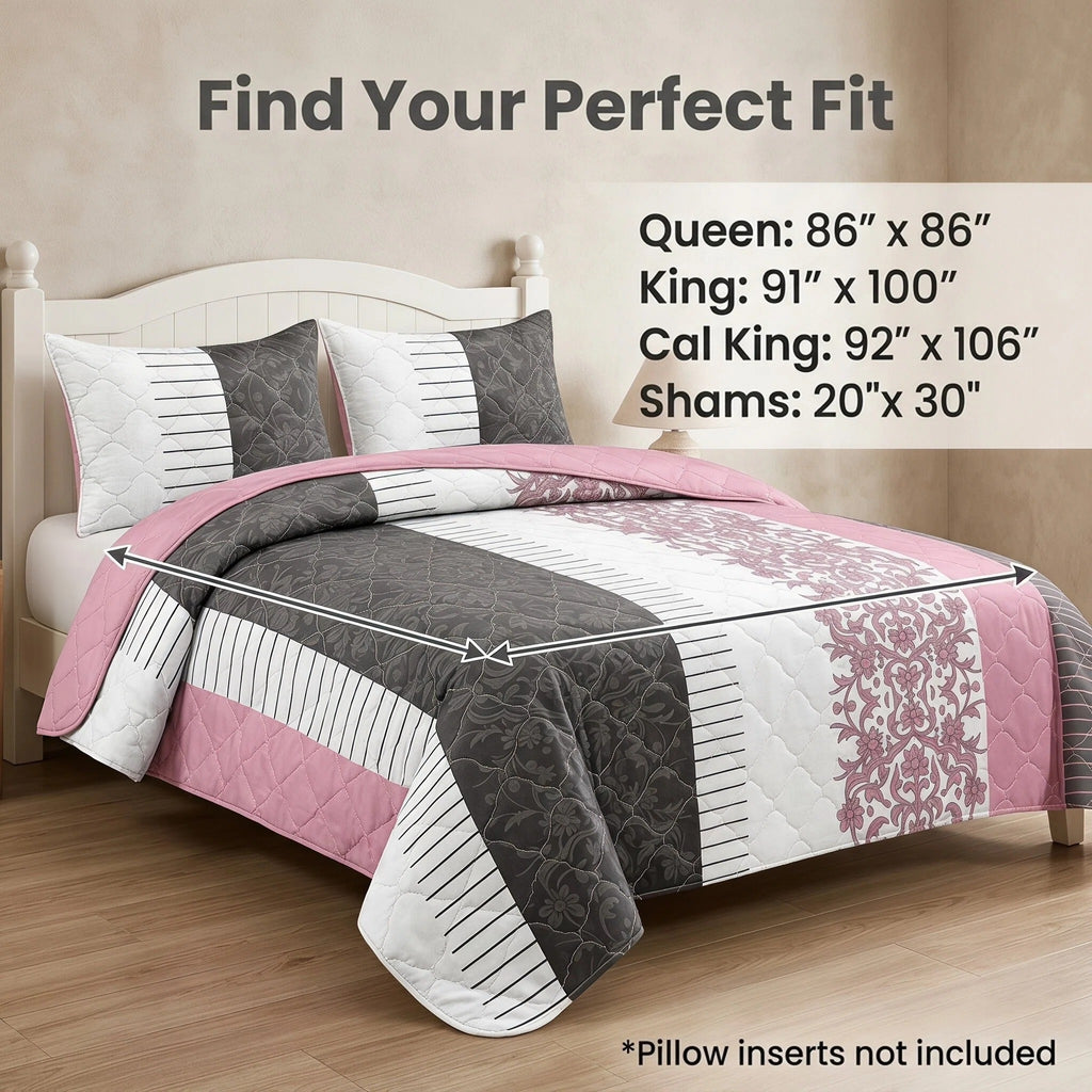 3-Piece noir blanc et rose Floral couvre-lit matelassé pour le roi de Californie