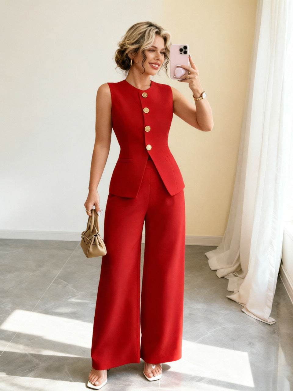 Élégant Veste de couleur unie et pantalons à deux pièces