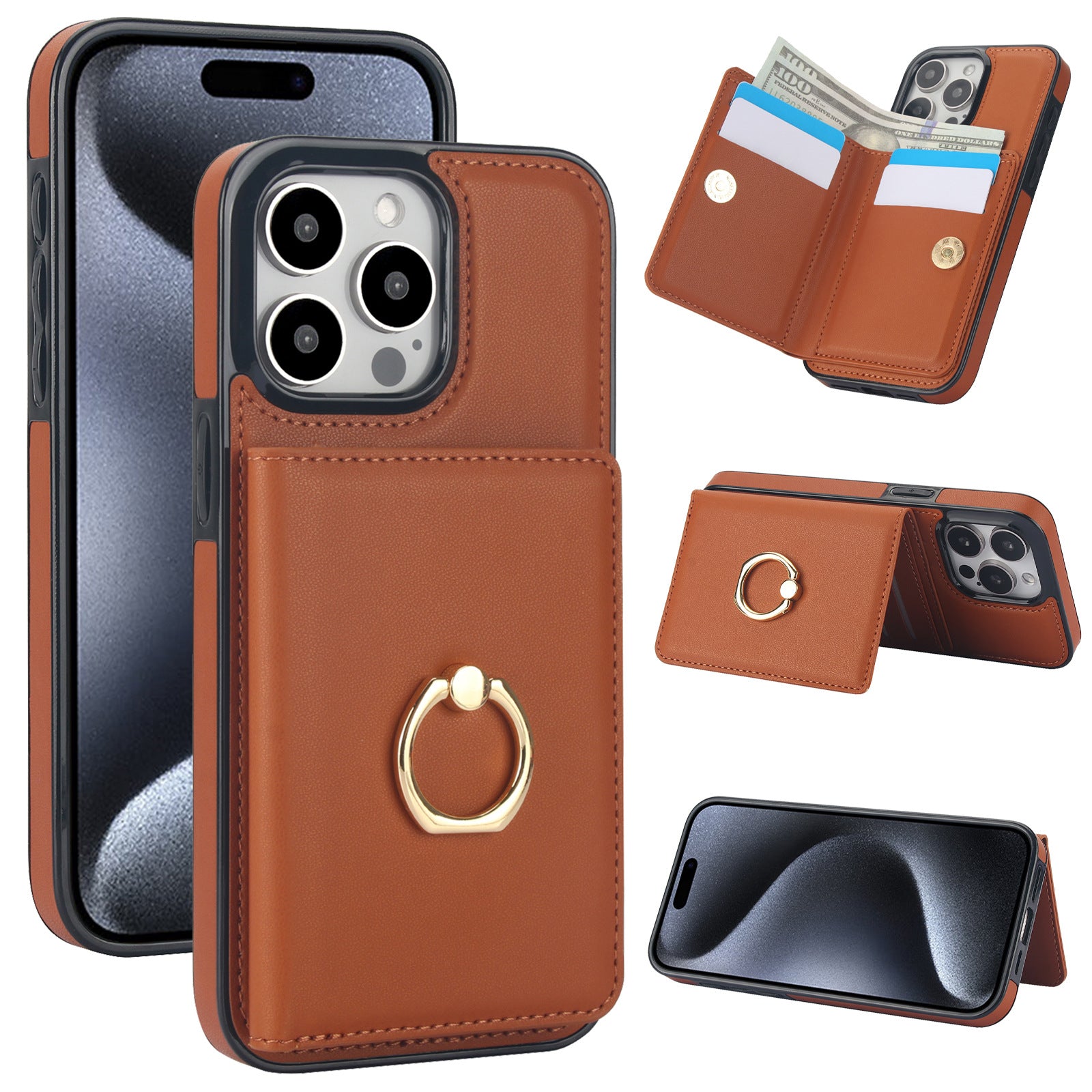 Coque téléphonique avec un support de carte Flip adapté à l'utilisation avec un support de bague