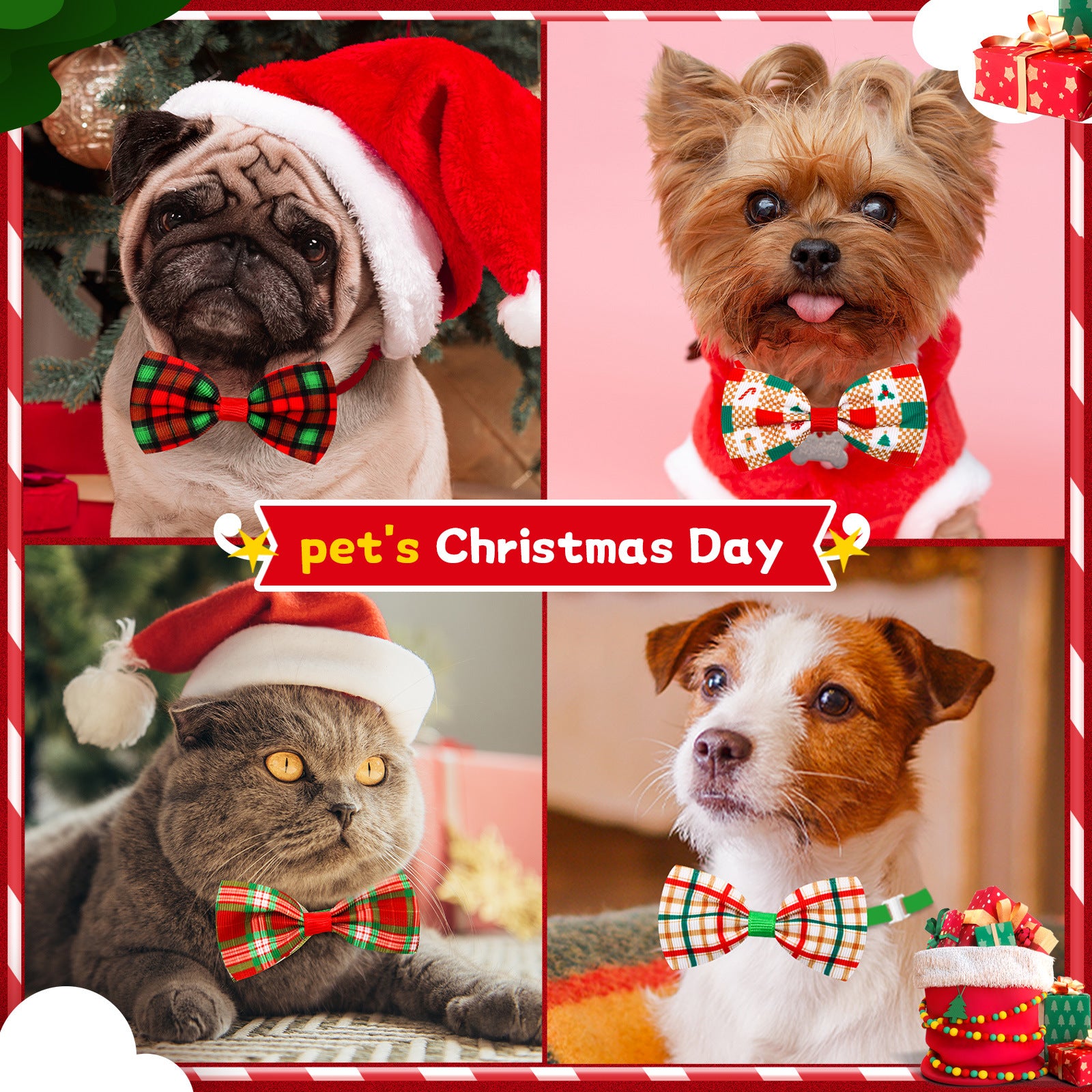 Christmas Plaid Striped Bow Tie Dog Cat Un mot Bow Tie couleurs multiples