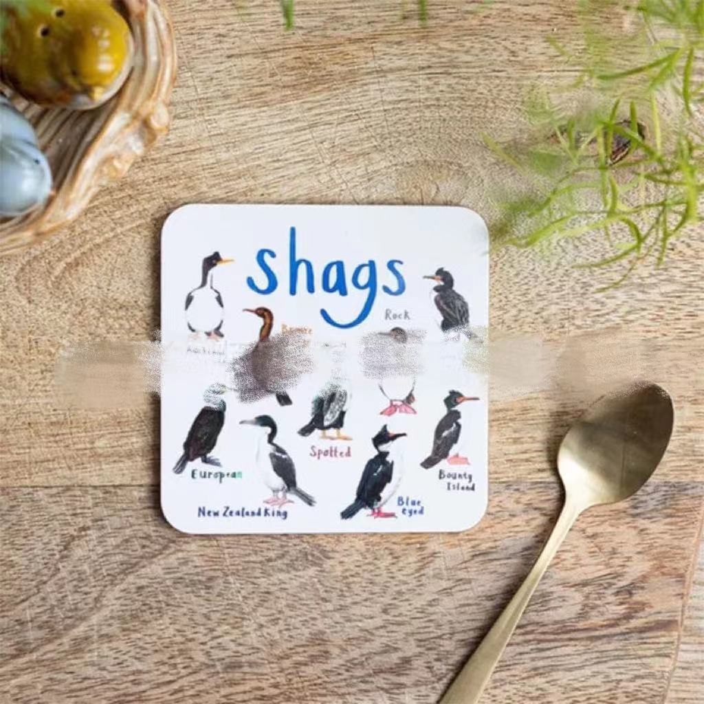 Sous-verres de pun d'oiseau Fun Square Boissons sous-verre pour enfants Tapis de coupe en bois et PVC Accueil Kitch