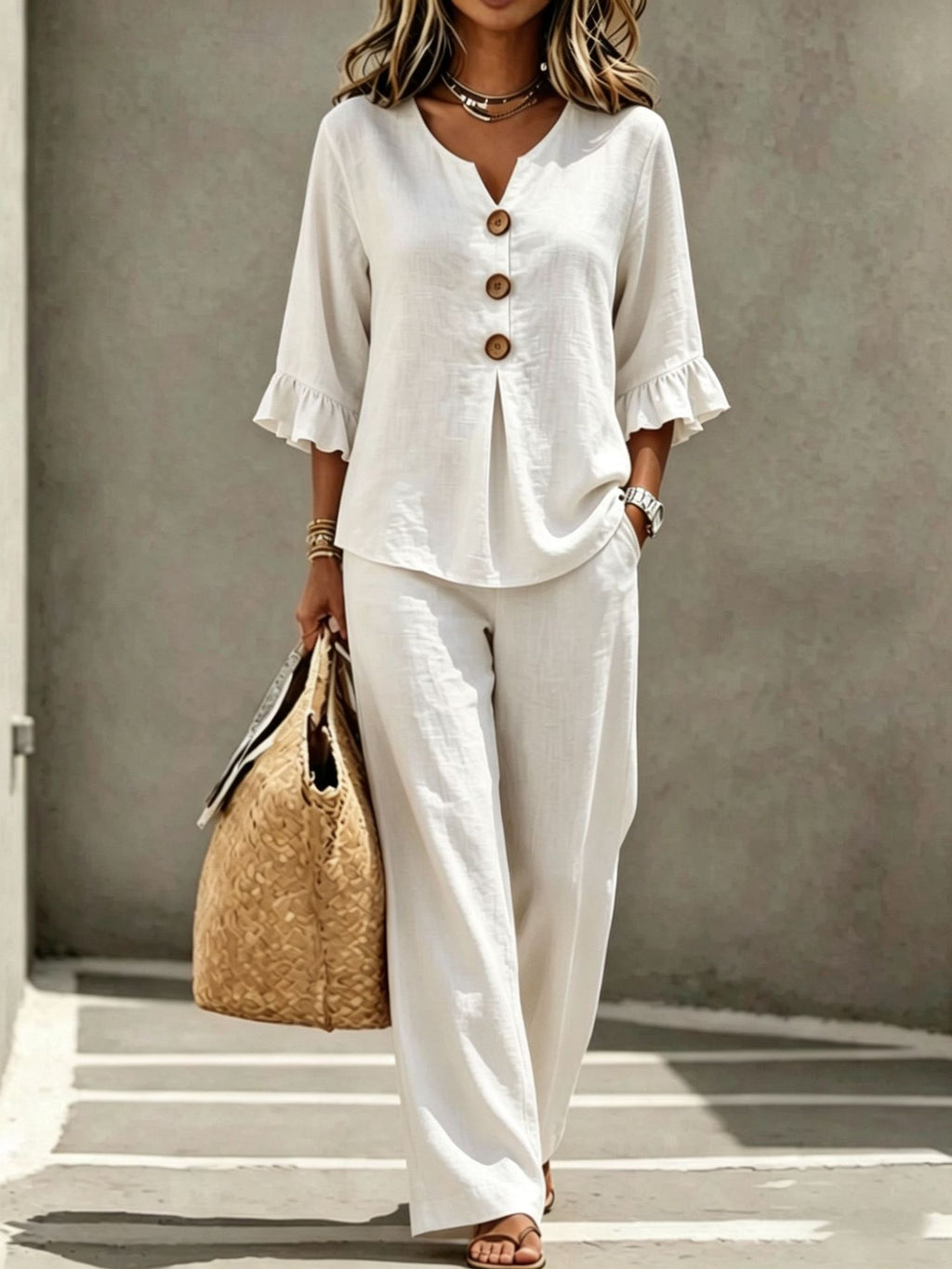 Arrivée des femmes Bouton occasionnel-Down V-Neck Rufflé trois quarts de manche supérieur et pantalons deux-P
