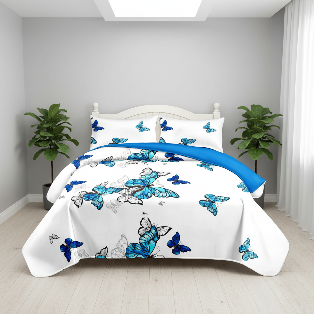 3-Piece Blue Butterfly Couverture de lit matelassée pour roi et roi de Californie
