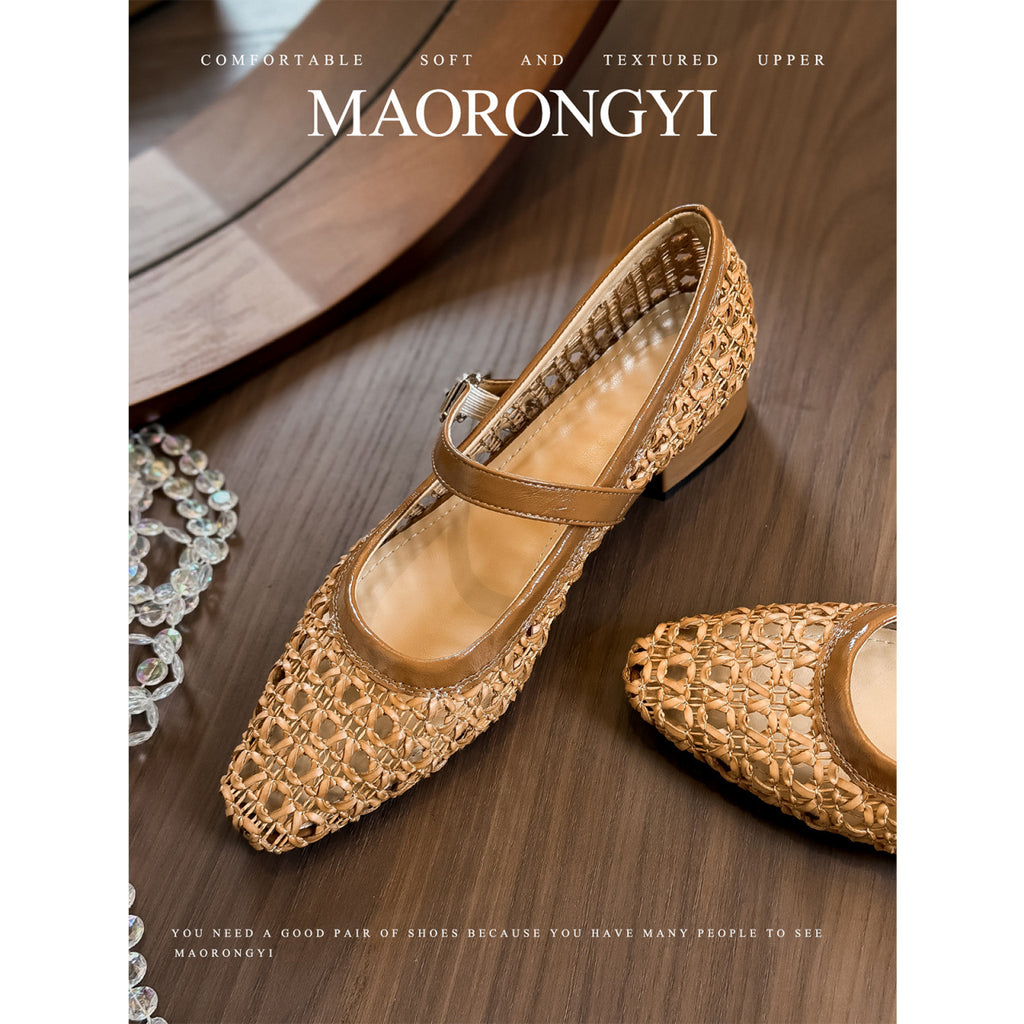 Retro Woven Hollow Respirant orteil carré talons Femmes simples Chaussures Summer One Strap