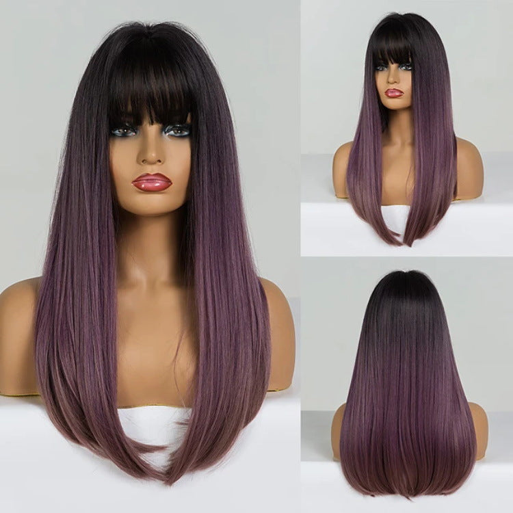 Noir Gradient Mixte Violet avec Bangs Long cheveux droit