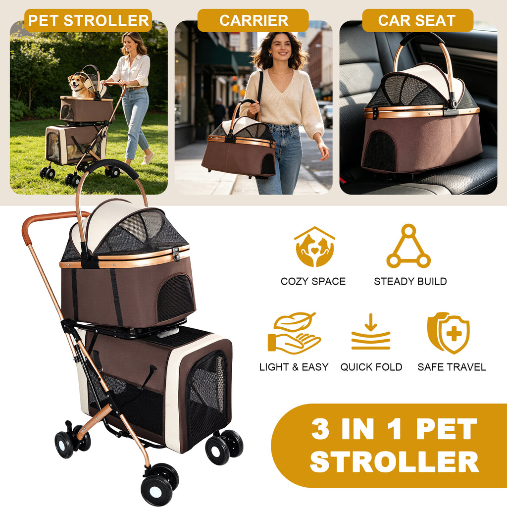 Poussette 3-en-1 pour petits chiens moyens Chats