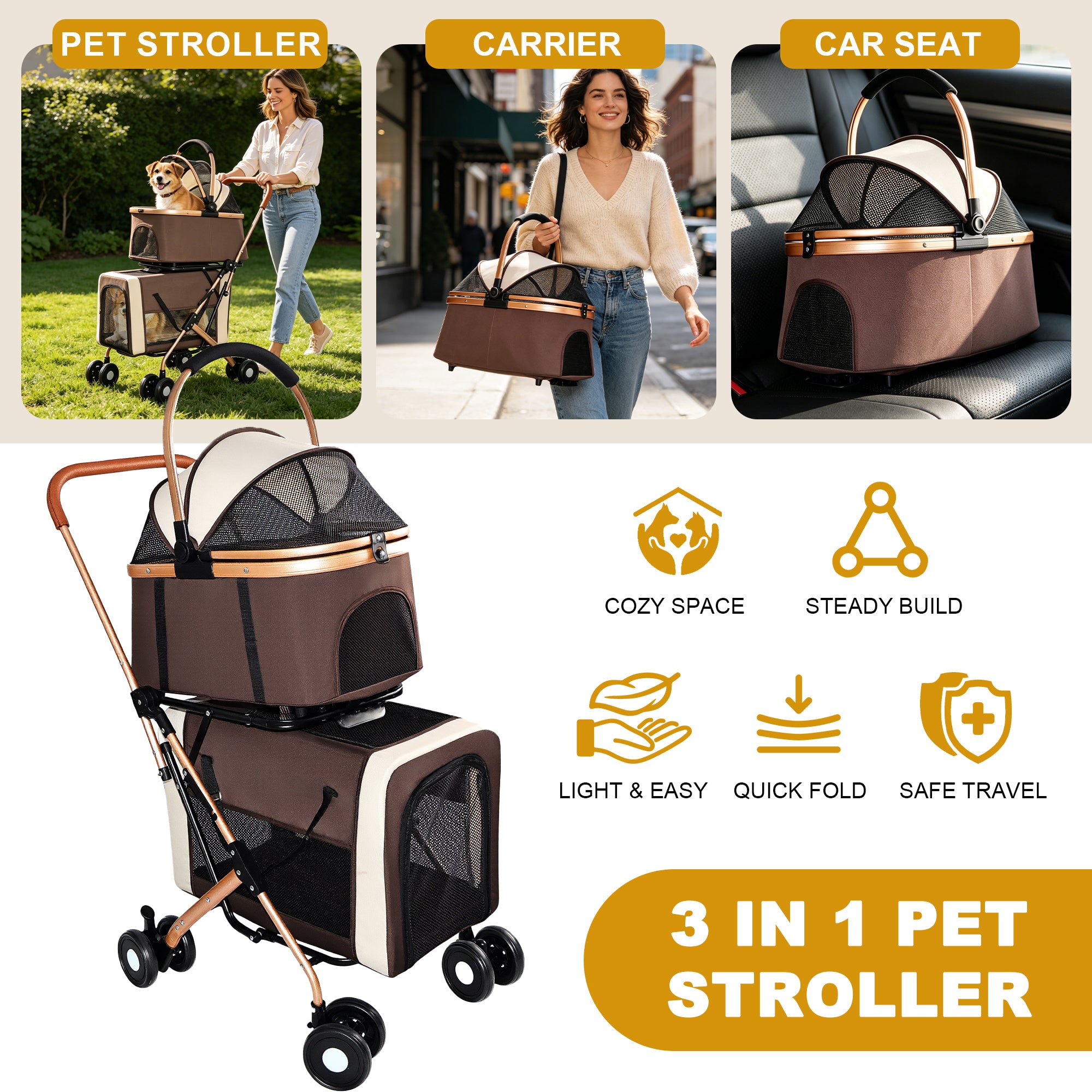 Poussette 3-en-1 pour petits chiens moyens Chats