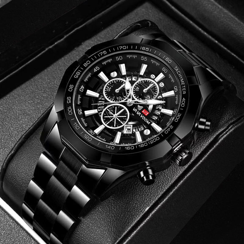 Bande d'acier Hommes trois yeux et six aiguilles calendrier lumineux