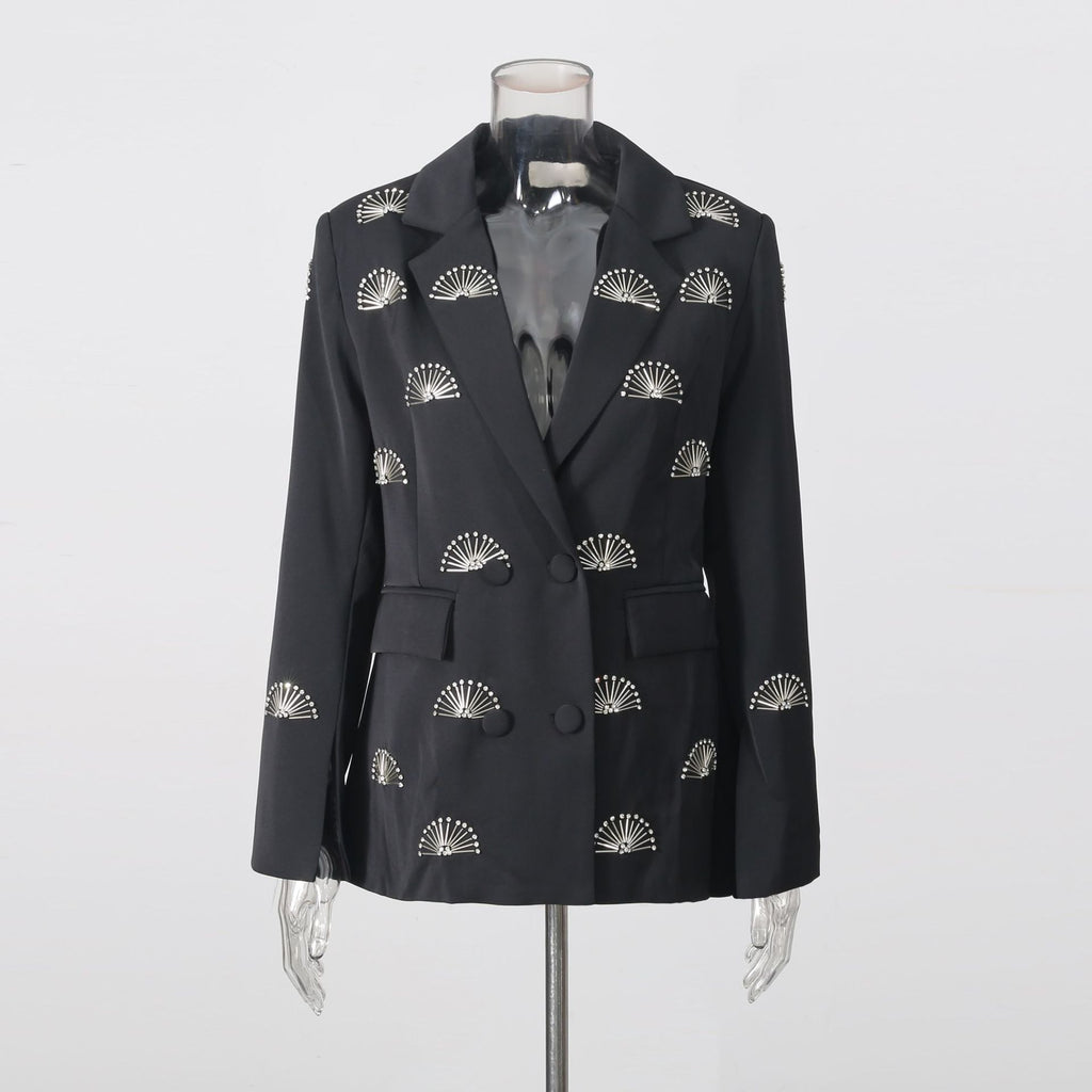 Eventail en Strass Motif Double Breasted Lapel Tailored Blazer Veste