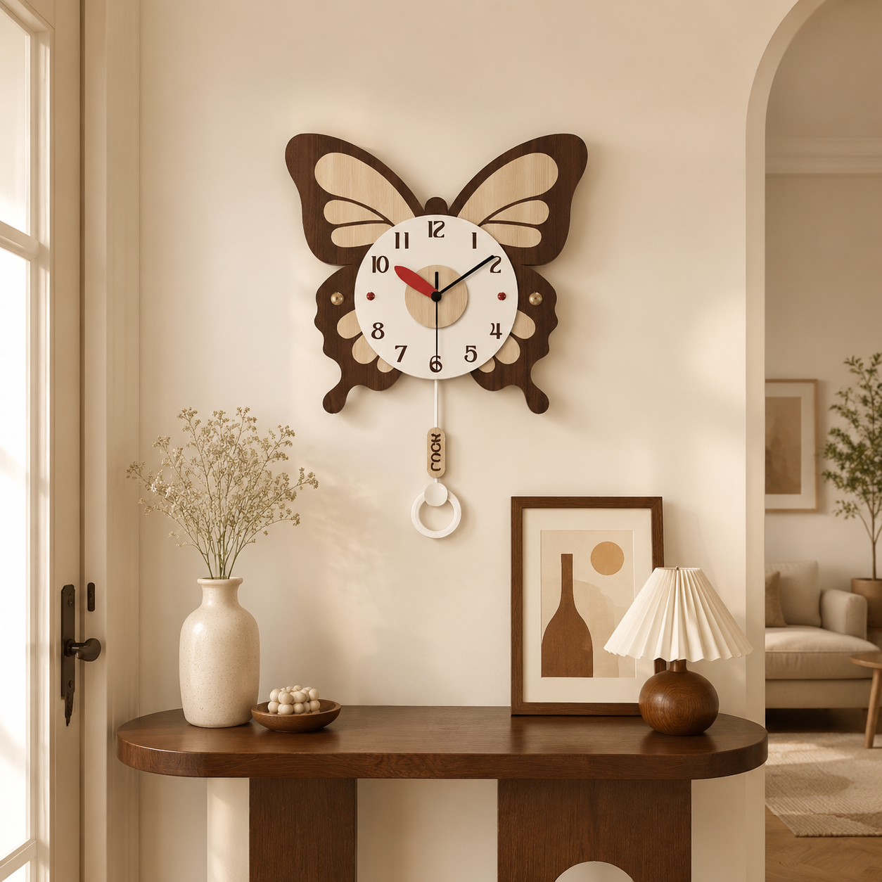 Horloge murale en bois en forme de papillon, style champêtre