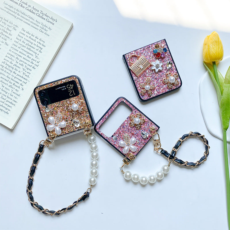 Femelle Fleur Sequin Strass Pearl Écran pliable Flip Case téléphone