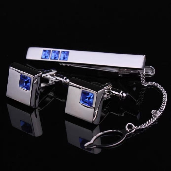 Robe pour homme Chemise en strass incrustée Argent Boutons de manchette Clip 3 pièces