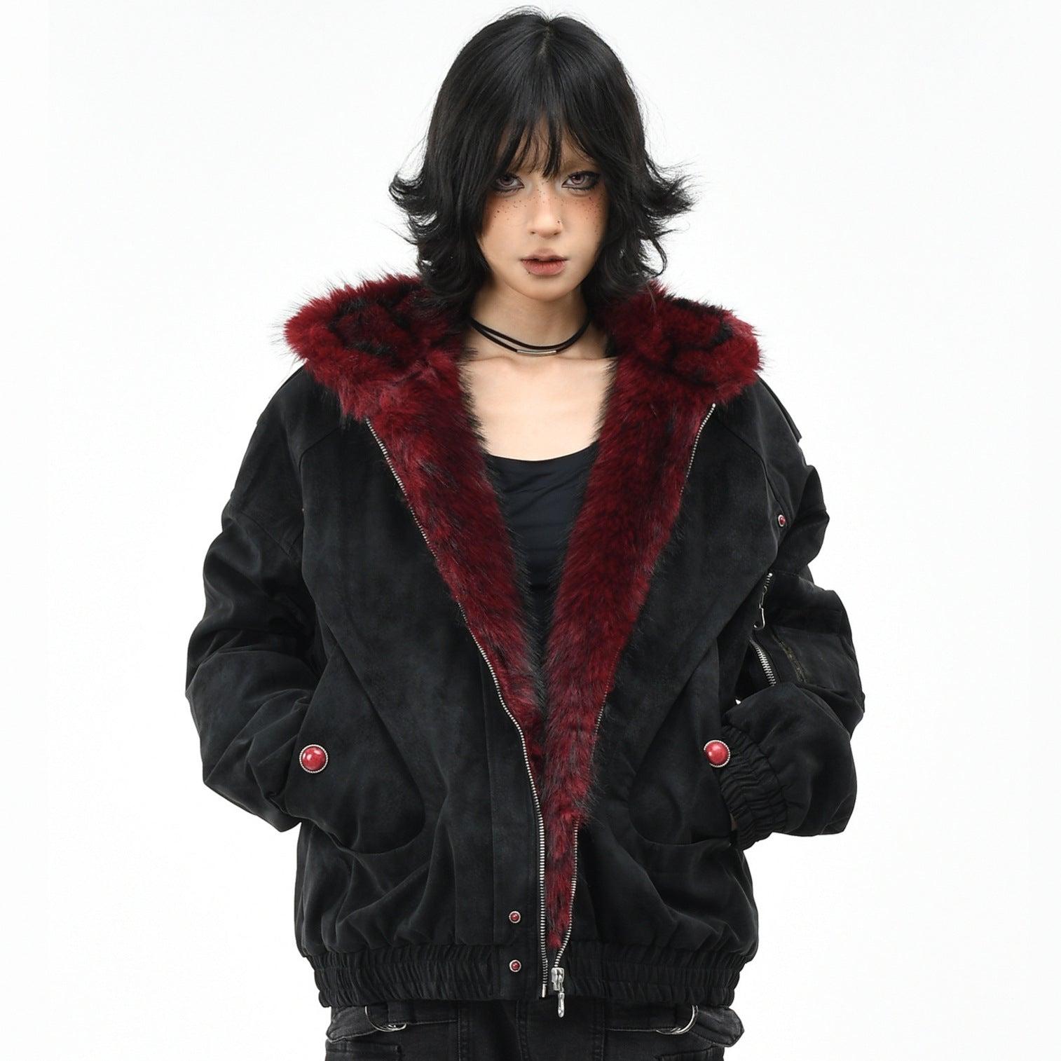 Mountain Carving Red Fur Collar Vintage PU en cuir polaire manteau chaud