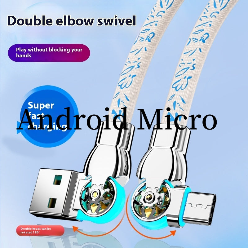 Double câble de données à charge rapide en porcelaine bleue rotative et blanche