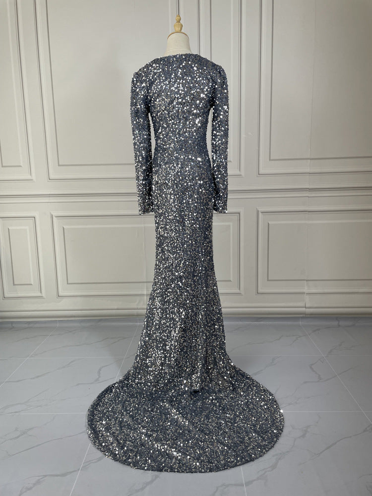 Robe de soirée à manches longues gris